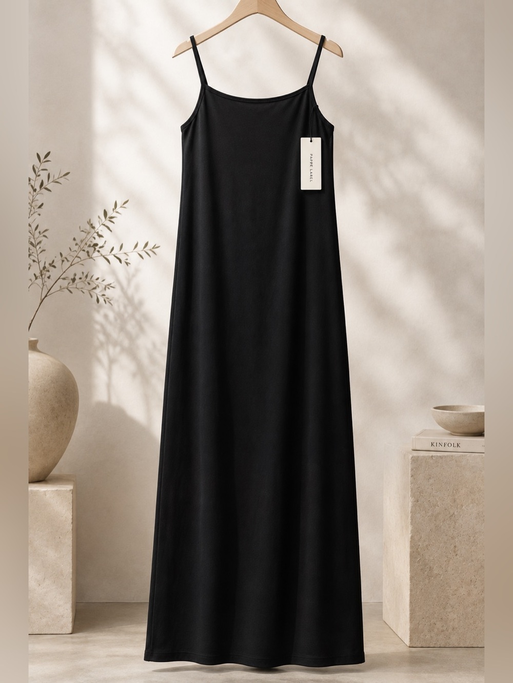 Minimal Black Slip Maxi Dress with Spaghetti Straps